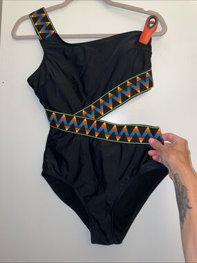 Black One-Shoulder Swimsuit with Colorful Geometric Trim